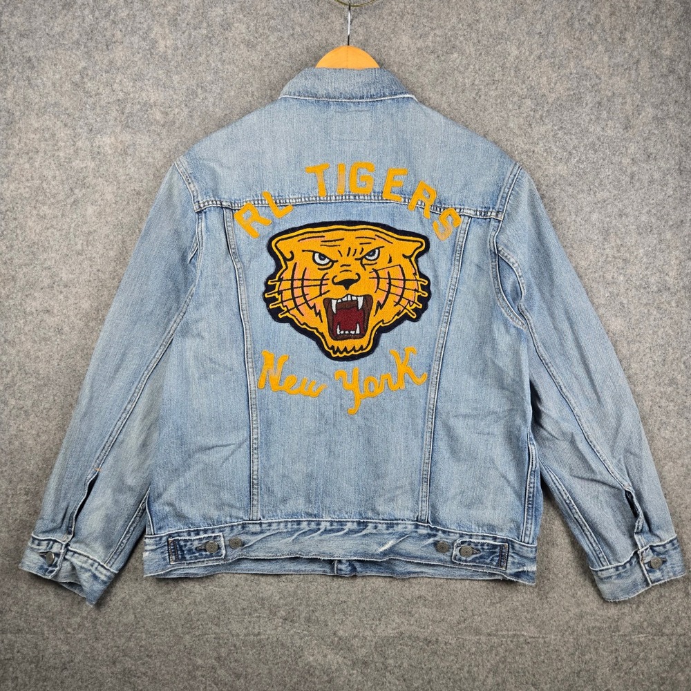 Polo Ralph Lauren Denim Trucker Jacket Mens L Blue Tigers Varsity Letterman RRL